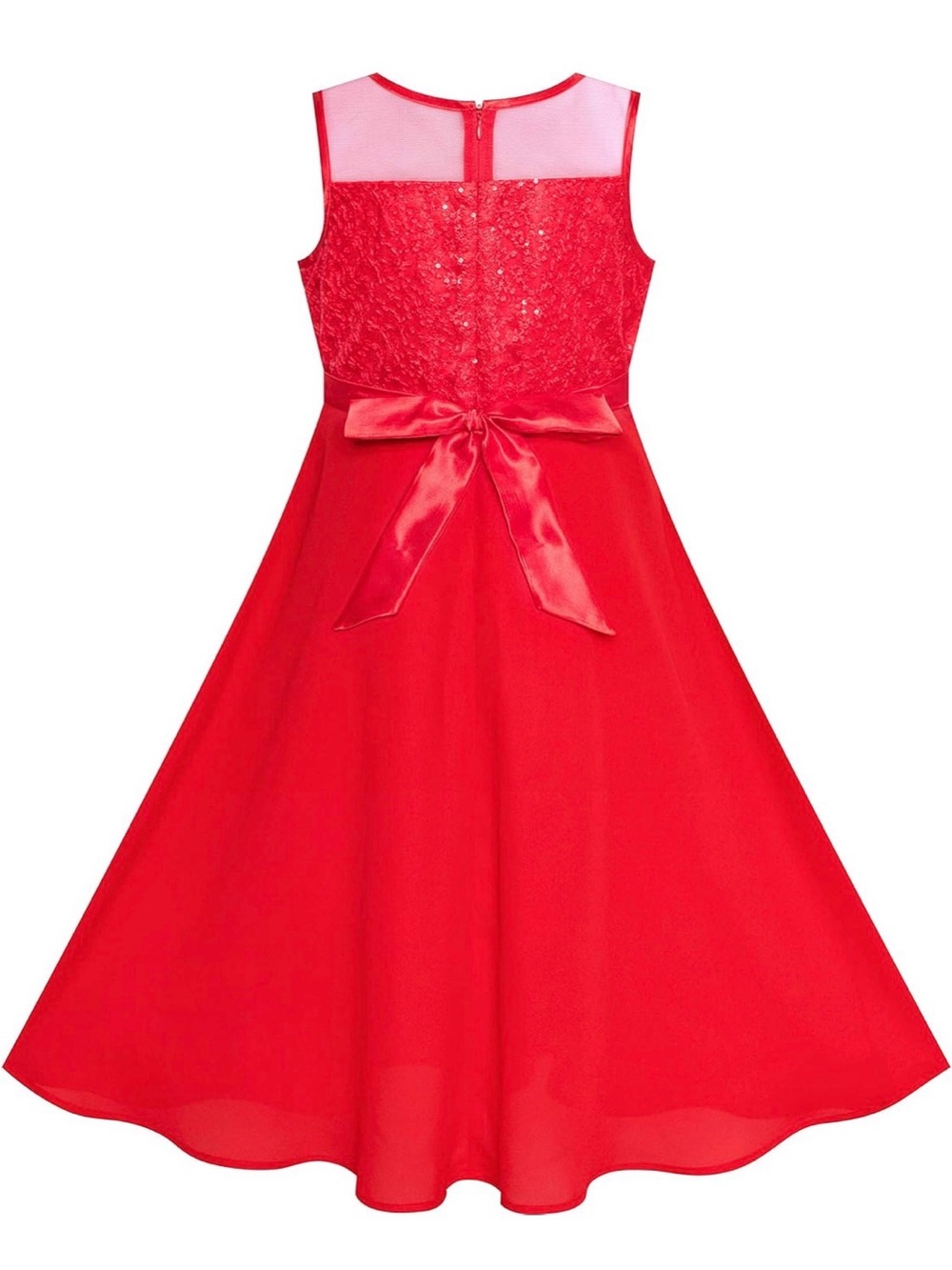 Girls' Red Lace Bodice A-Line Dress with Rhinestone Waist - Picture 3 of 6